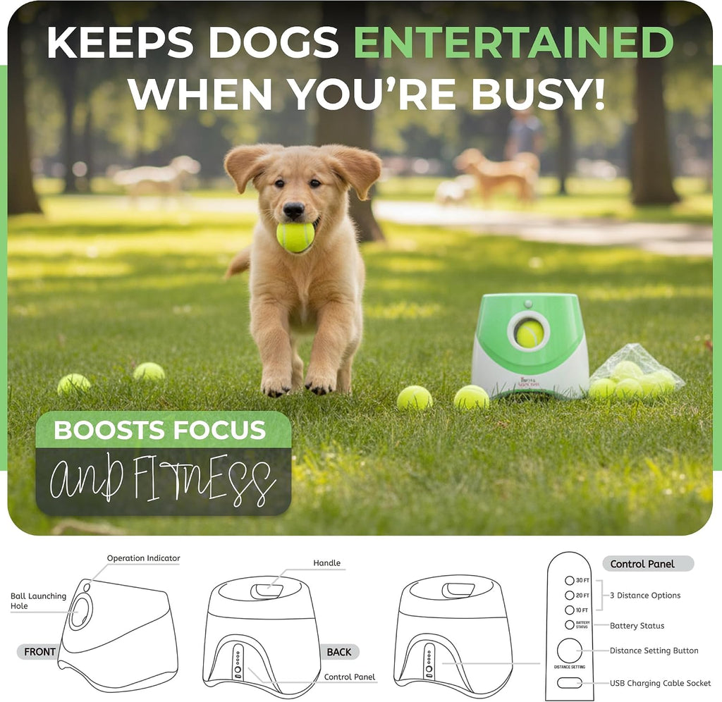 Automatic Ball Launcher for Dogs with 10 Tennis Balls (2 Inch), Dog Ball Launcher with 3 Range Modes (10/20/30Ft), Rechargeable Dog Balls Thrower for Small-Medium Dogs,Indoor/Outdoor Pet Fetch Machine