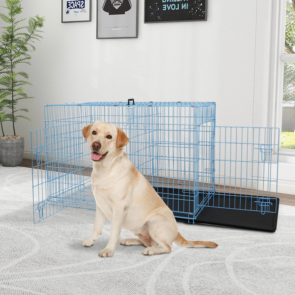 42 Inch Dog Crate, Dog Crates and Kennels for Big Dog Foldable Large Dog Crate for Large Dogs with Handle Double-Door Outdoor Metal Wire Dog Cage with Plastic Tray for Medium Dogs, Blue