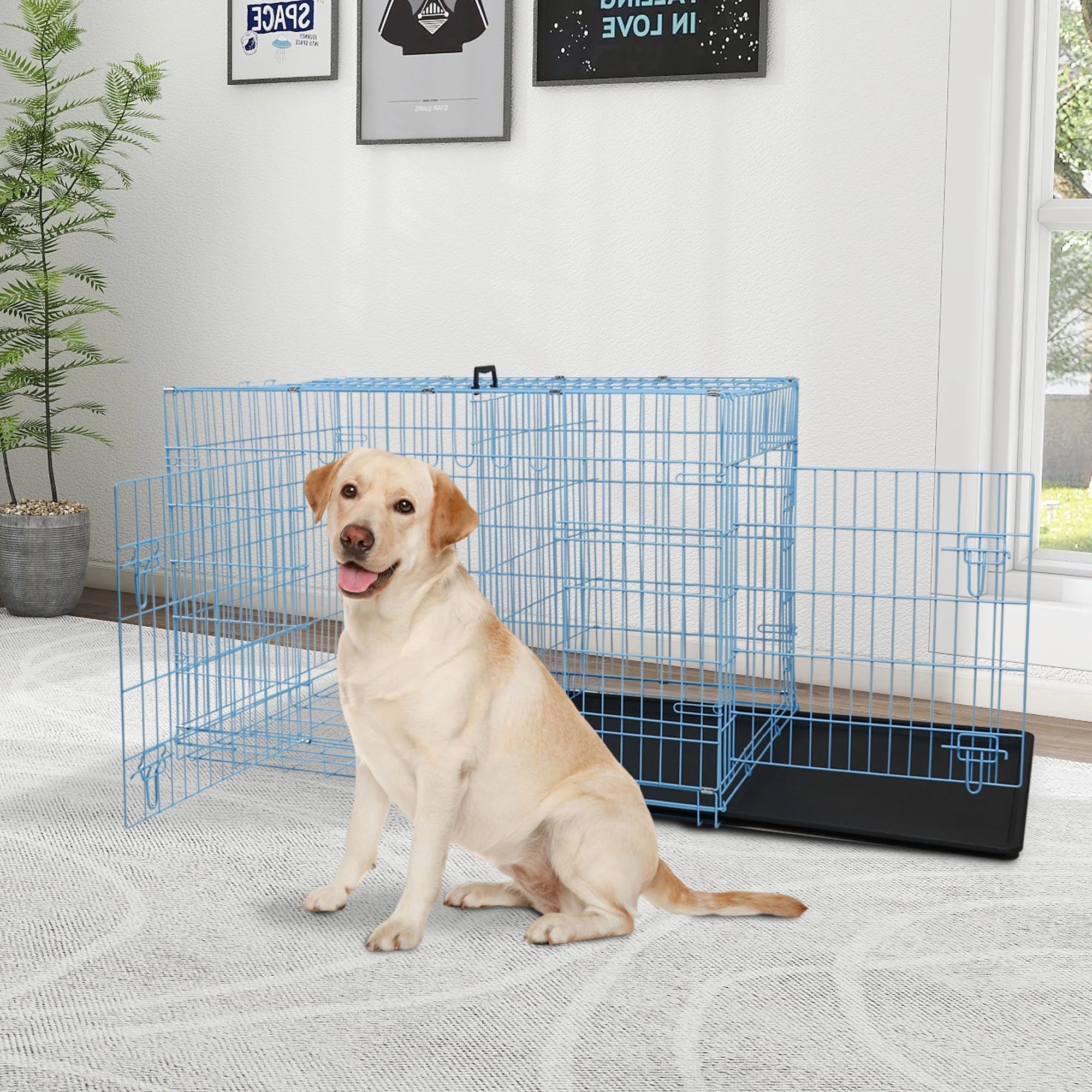 42 Inch Dog Crate, Dog Crates and Kennels for Big Dog Foldable Large Dog Crate for Large Dogs with Handle Double-Door Outdoor Metal Wire Dog Cage with Plastic Tray for Medium Dogs, Blue