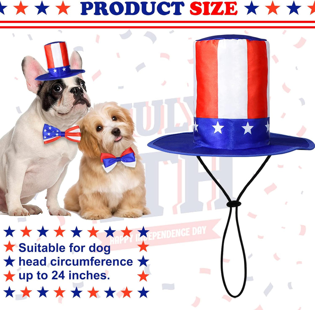 3 PCS Dog 4Th of July Outfit, 4Th of July Dog Clothes Uncle Sam Dog Top Hat, American Flag Dog Bow Tie Collar Red White and Blue Dog Bowtie for Small Medium Large Dogs (Dog Hat & 2Xbow Tie)