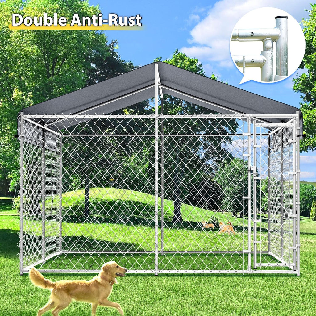 10X10Ft Extra Large Dog Kennel Outdoor, Heavy-Duty outside Dog Kennel with Roof, Security Latch-Lock Door, Chain-Link Dog Enclosure Dog Run for Yard with Cover