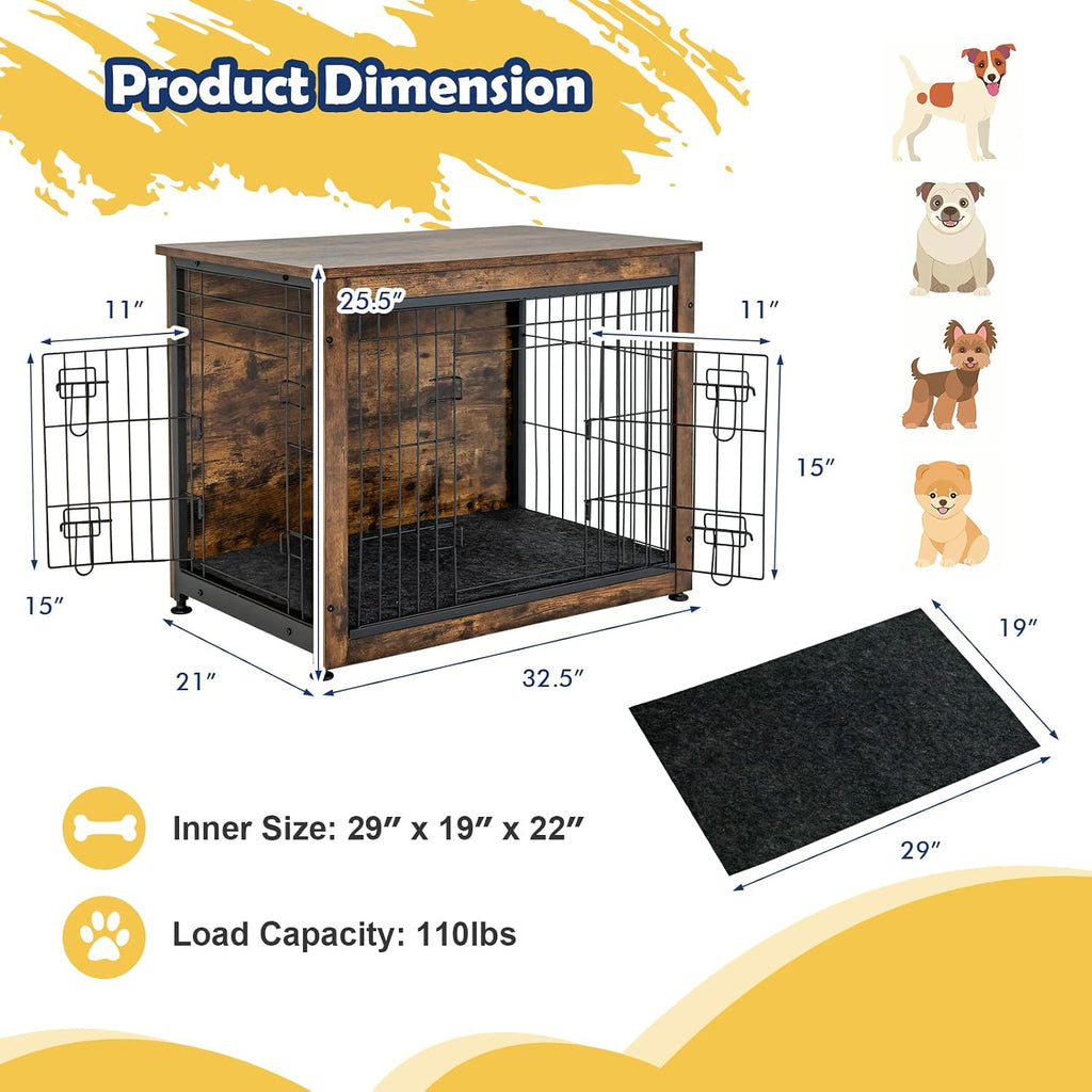 Dog Crate Furniture with Removable Tray/Felt Mat, Wood Dog Cage End Table for Small & Medium Dogs, Industrial Double Doors Chew-Proof Dog House Dog Kennel Indoor