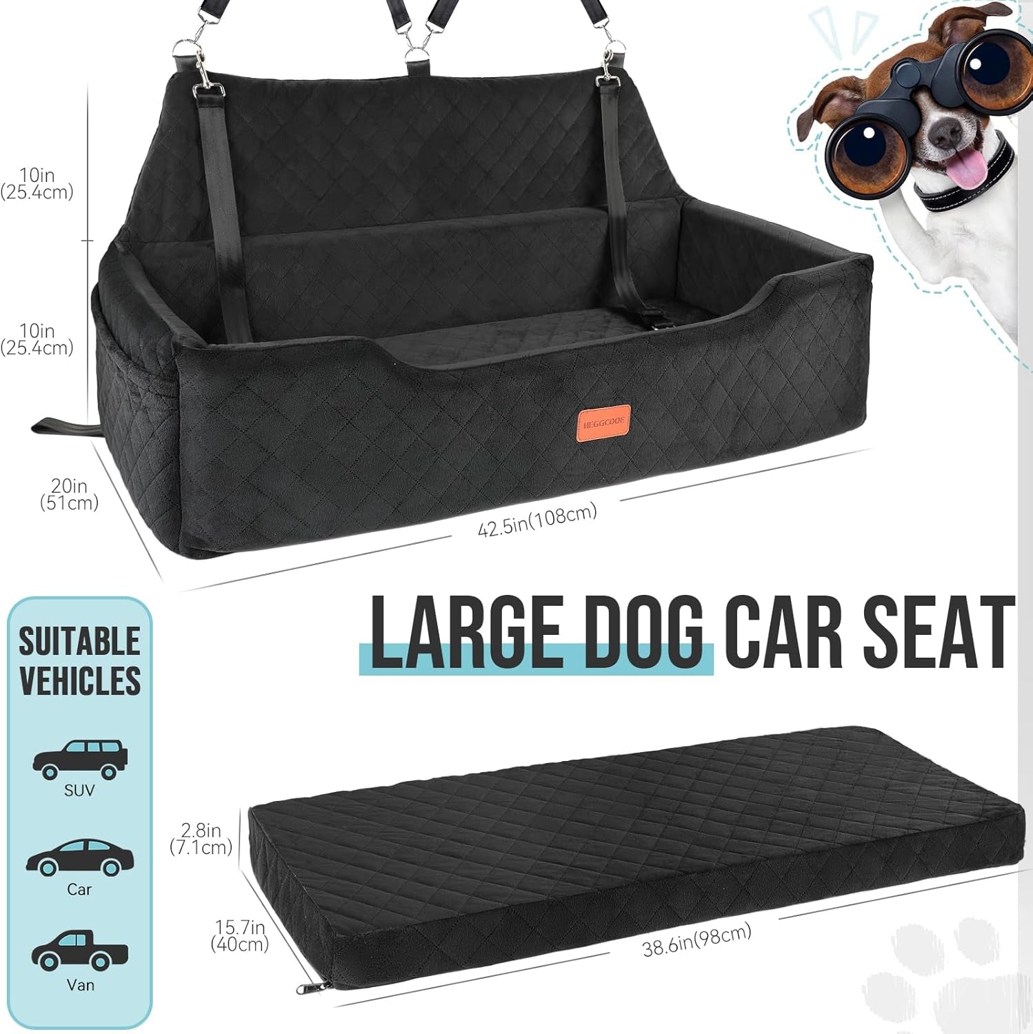 Large Dog Car Seat under 100 Lbs, Washable Dog Car Bed for 2 Medium Dogs, Detachable Pet Booster Seat with Storage Pocket and Seat Belt for Back Seat Dog Travel Bed
