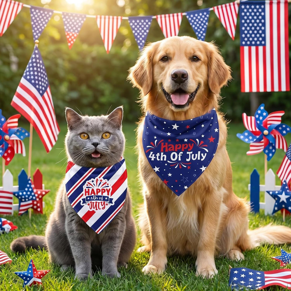 4Th of July Bandanas for Dog - 2 Pcs Reversible Patriotic Dog Bandanas with Star for Fourth of July Memorial Independence Day Parades Freedom Day Family Photos