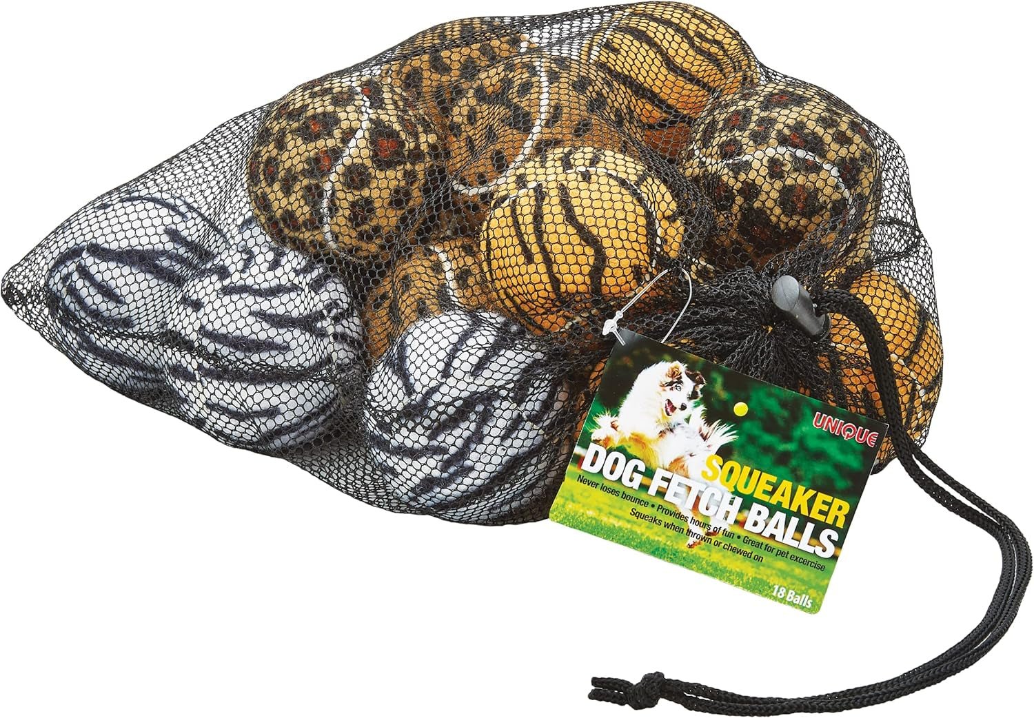 Unique Sports Dog Fetch Squeaker Balls Animal Prints 18 Pack