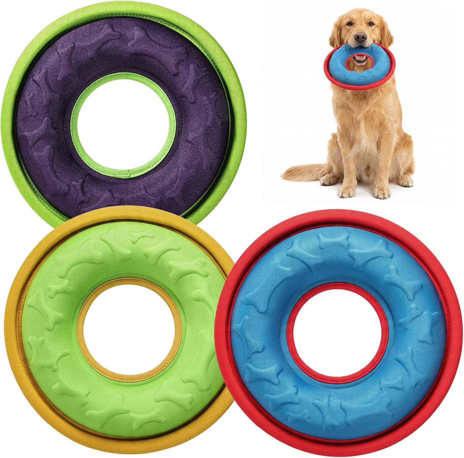 3 Pcs Flying Disc Dog Fetch Toys, 9.05 Inch Interactive Flyer and Tug Toys, Feedable Lightweight Nylon Fabric Pet Training and Outdoor Exercise Toys for Small, Medium, Large Dogs, Safe on Teeth