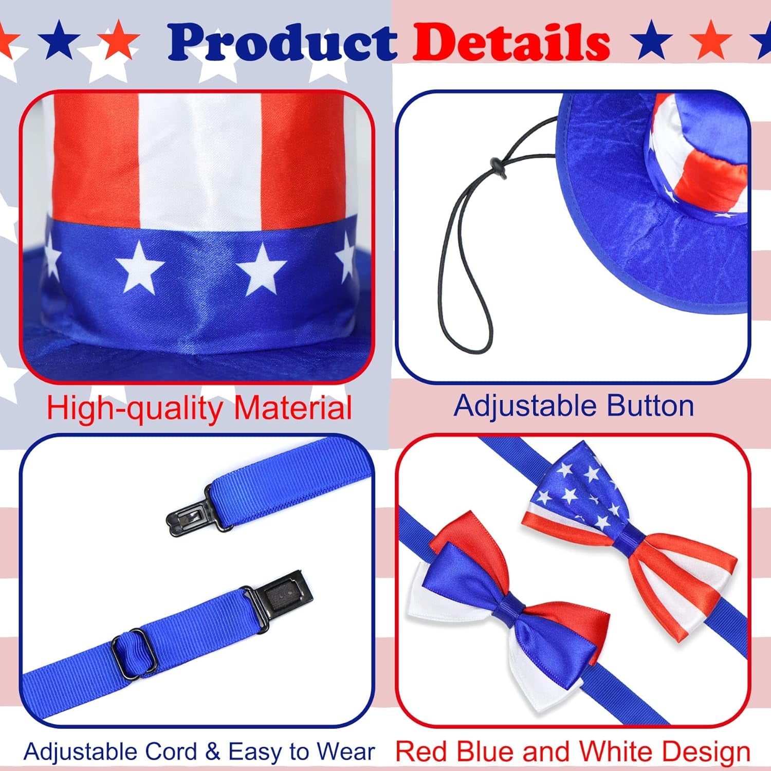 3 PCS Dog 4Th of July Outfit, 4Th of July Dog Clothes Uncle Sam Dog Top Hat, American Flag Dog Bow Tie Collar Red White and Blue Dog Bowtie for Small Medium Large Dogs (Dog Hat & 2Xbow Tie)