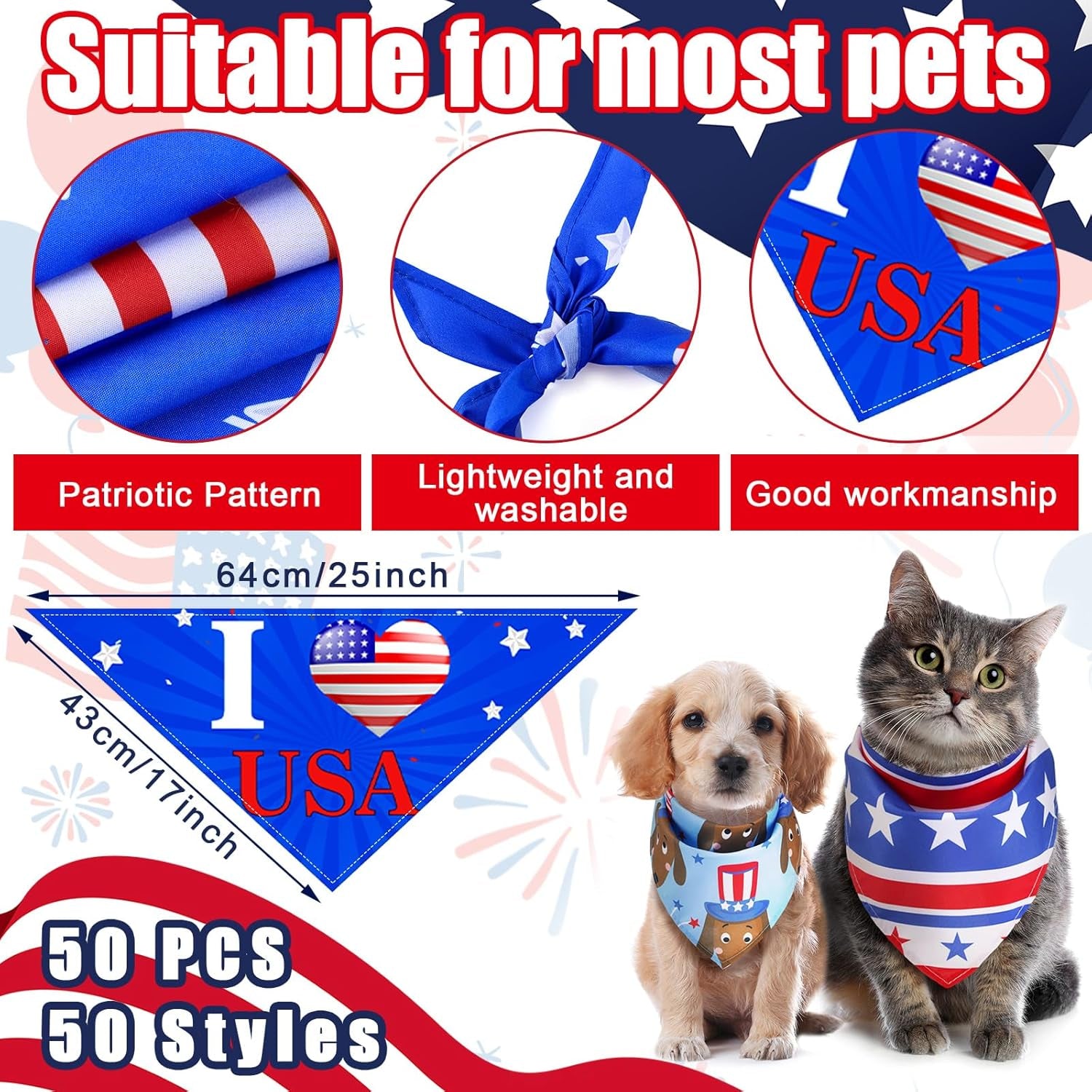 50 Pcs 4Th of July Dog Bandanas 250Th Anniversary Pet Bandanas Bulk Independence Day Triangle Pet Bibs Scarf for Medium Large Dog 4Th of July 250Th Festival Costume