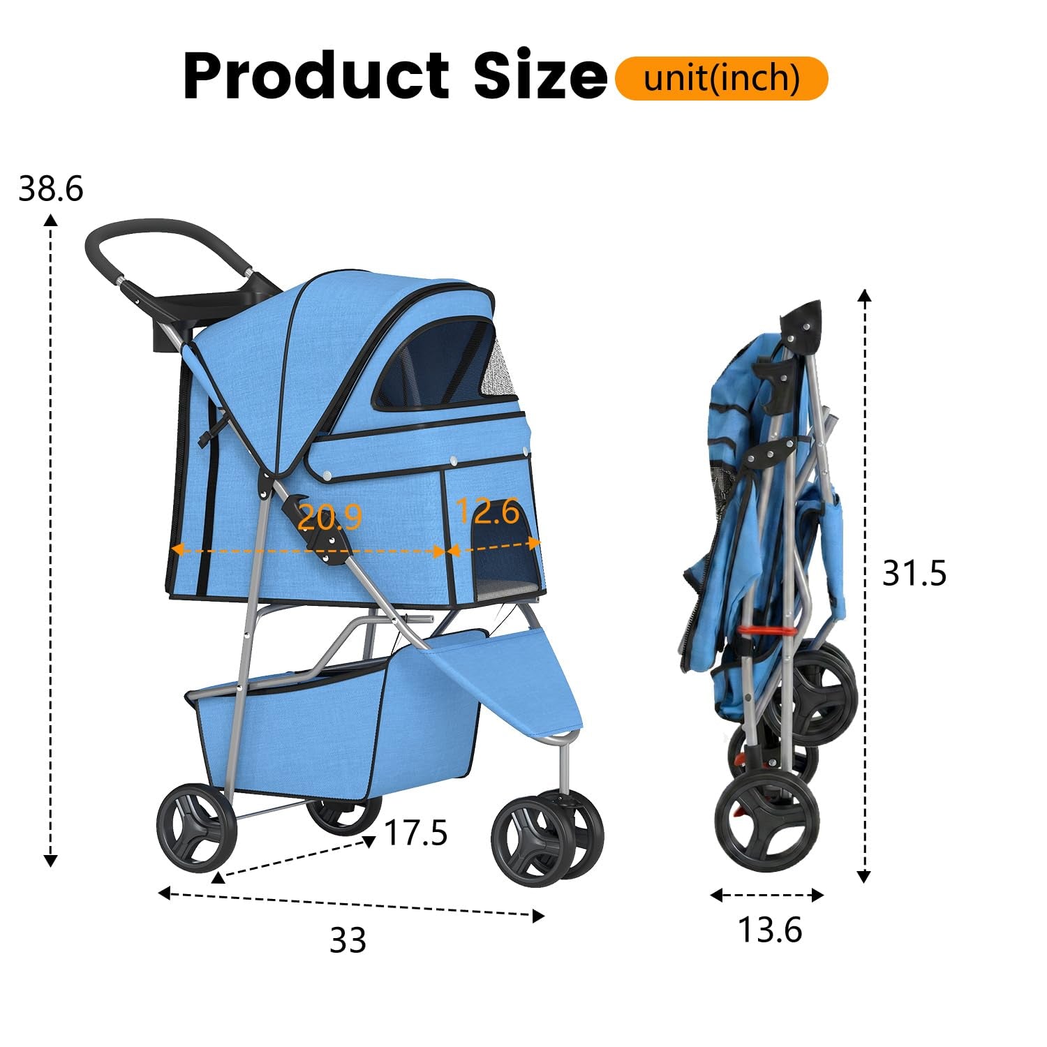 | 3-Wheel Pet Stroller | Dog and Cat Stroller | Breathable Mesh | Lightweight Travel Carrier | Waterproof & Foldable Design | Storage Basket | Blue | for Daily Walks & Outdoor Use