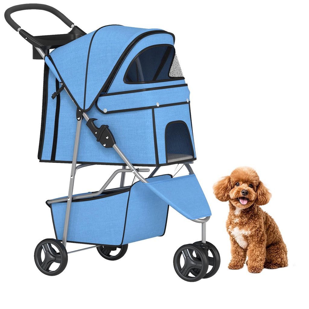 | 3-Wheel Pet Stroller | Dog and Cat Stroller | Breathable Mesh | Lightweight Travel Carrier | Waterproof & Foldable Design | Storage Basket | Blue | for Daily Walks & Outdoor Use